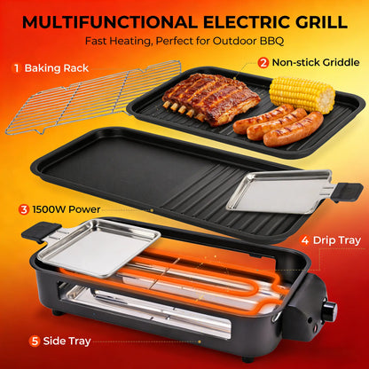 Pukomc 1500W Smokeless Grills - Electric Nonstick Griddle Grill with Extended Removable Plates, Adjustable Temp Control, 4 Mini Raclette Pans, Compact Apartment Kitchen Supply, Mess-Free Easy-Clean Accessory