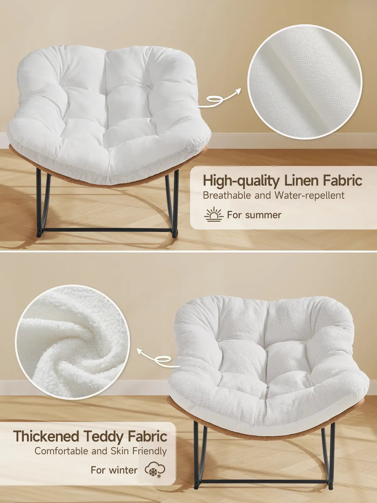 【Double-Side Fabric】Onbrill Oversized Indoor Outdoor Rocking Chairs, Comfy Papasan Rocking Chair with Padded Cushion, Rattan Wicker Lounge Chair, Modern Reading Accent Chair for Balcony Garden, Livingroom Furniture,Christmas Gift【Summerfinds】