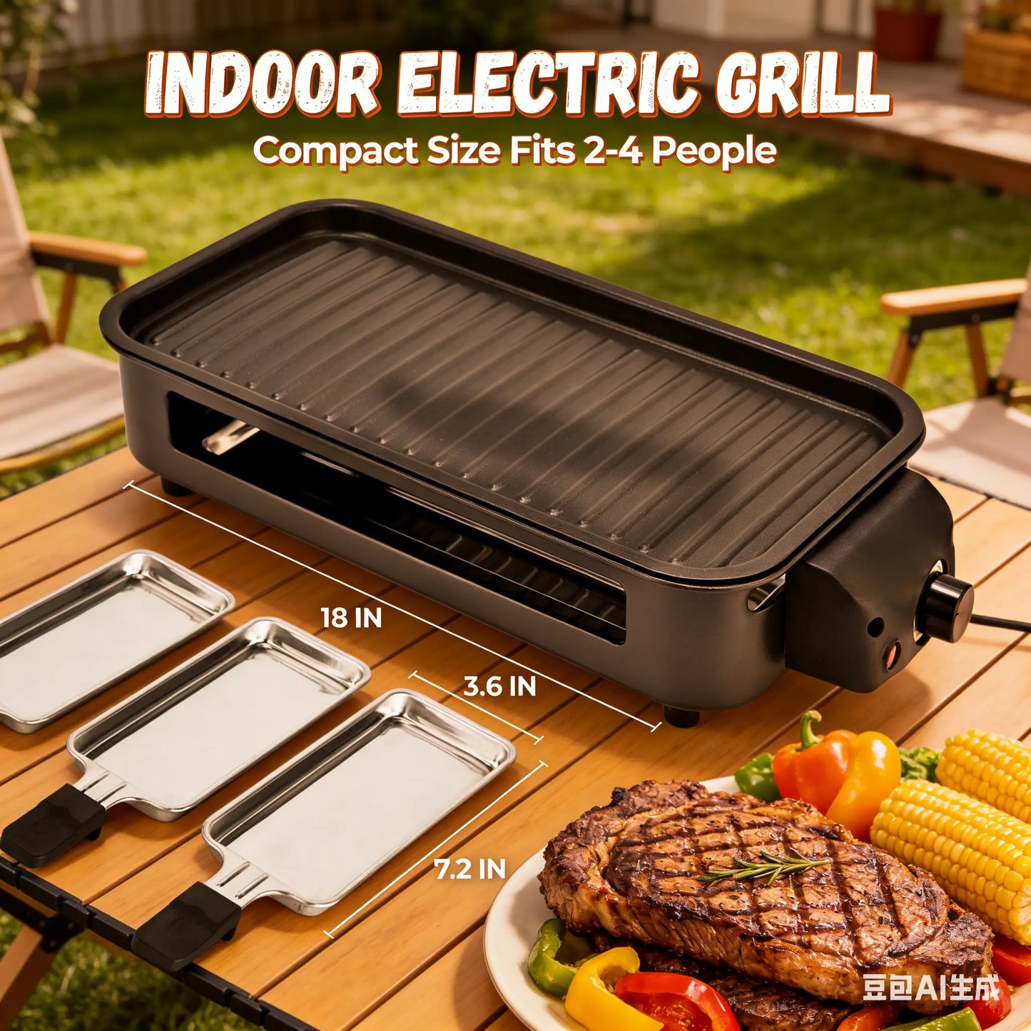 Pukomc 1500W Smokeless Grills - Electric Nonstick Griddle Grill with Extended Removable Plates, Adjustable Temp Control, 4 Mini Raclette Pans, Compact Apartment Kitchen Supply, Mess-Free Easy-Clean Accessory