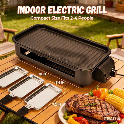Pukomc 1500W Smokeless Grills - Electric Nonstick Griddle Grill with Extended Removable Plates, Adjustable Temp Control, 4 Mini Raclette Pans, Compact Apartment Kitchen Supply, Mess-Free Easy-Clean Accessory