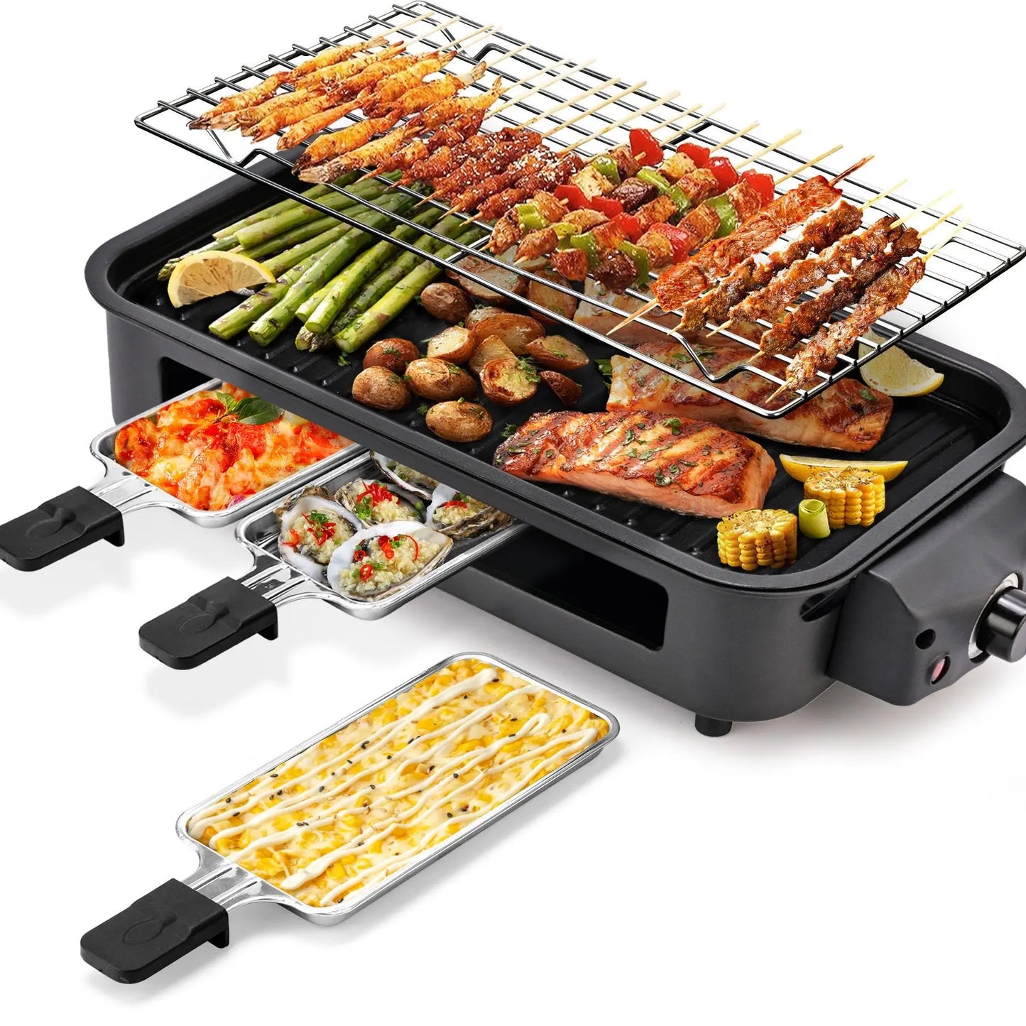 Pukomc 1500W Smokeless Grills - Electric Nonstick Griddle Grill with Extended Removable Plates, Adjustable Temp Control, 4 Mini Raclette Pans, Compact Apartment Kitchen Supply, Mess-Free Easy-Clean Accessory