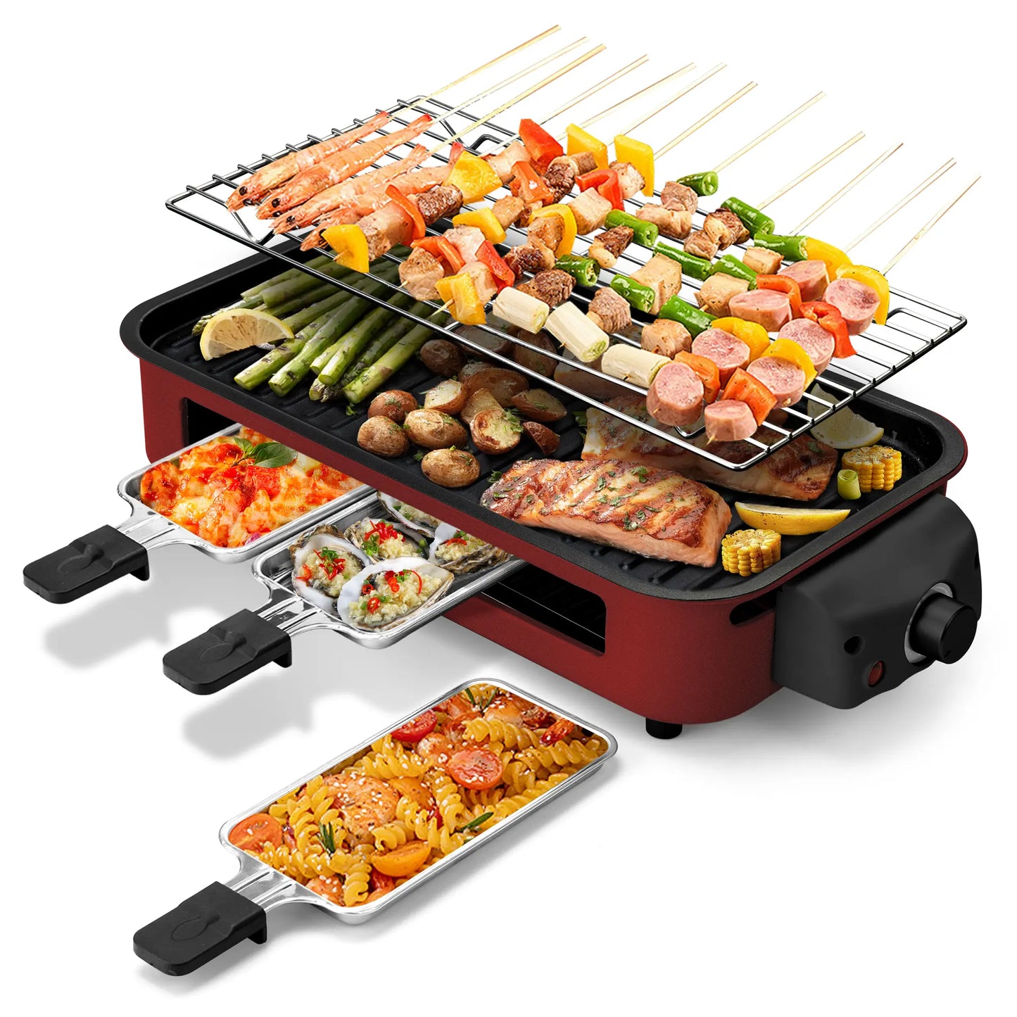 Pukomc 1500W Smokeless Grills - Electric Nonstick Griddle Grill with Extended Removable Plates, Adjustable Temp Control, 4 Mini Raclette Pans, Compact Apartment Kitchen Supply, Mess-Free Easy-Clean Accessory