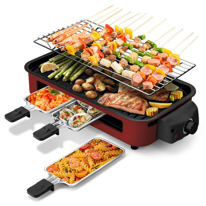 Pukomc 1500W Smokeless Grills - Electric Nonstick Griddle Grill with Extended Removable Plates, Adjustable Temp Control, 4 Mini Raclette Pans, Compact Apartment Kitchen Supply, Mess-Free Easy-Clean Accessory