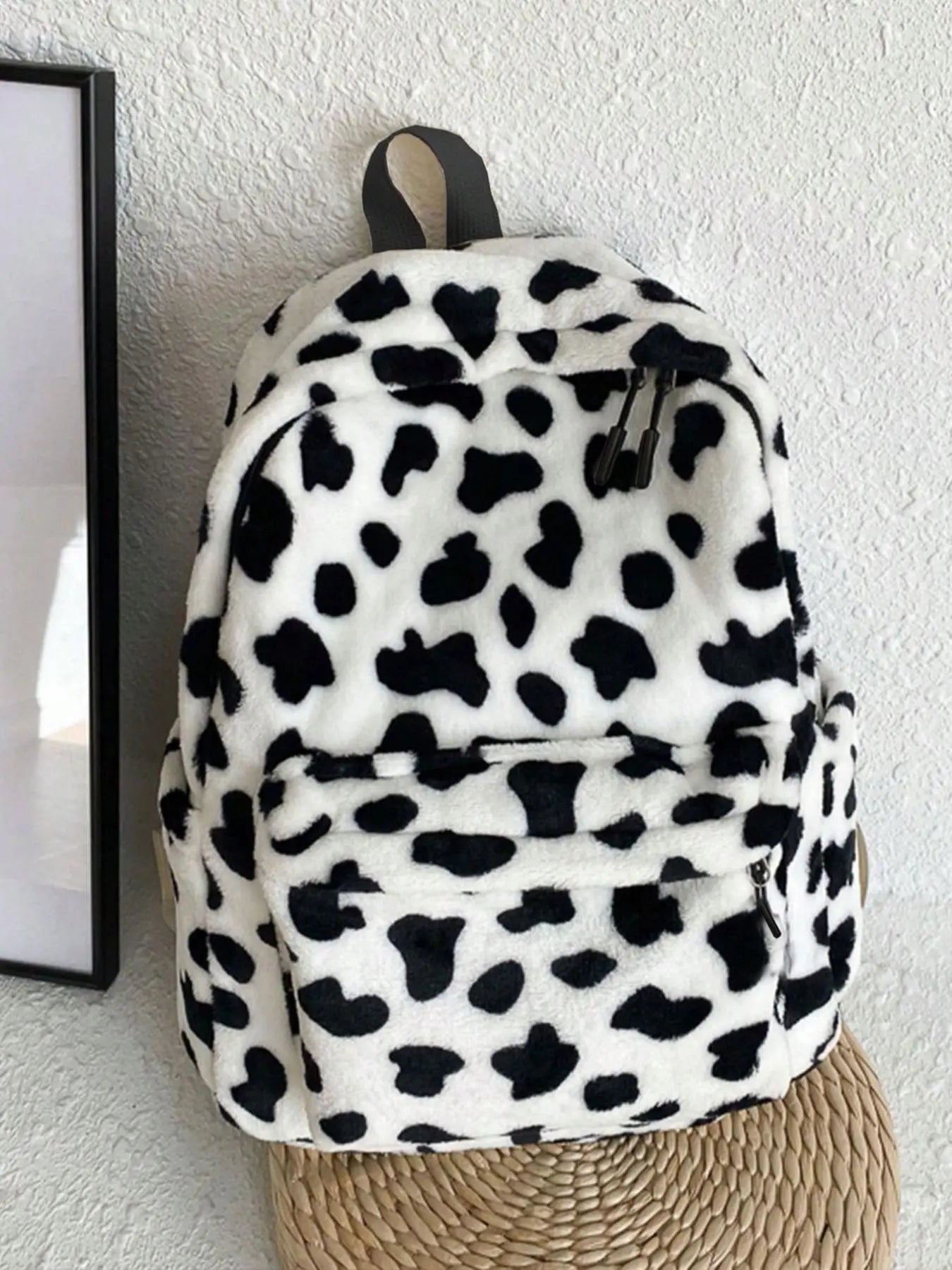 Fluffy Casual Leopard Pattern Plush Backpack, Casual Zipper Backpack for Women & Men, Fashionable Backpack for Daily Use