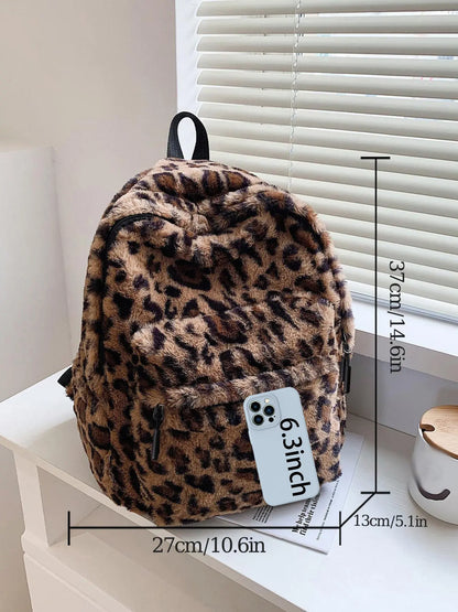 Fluffy Casual Leopard Pattern Plush Backpack, Casual Zipper Backpack for Women & Men, Fashionable Backpack for Daily Use